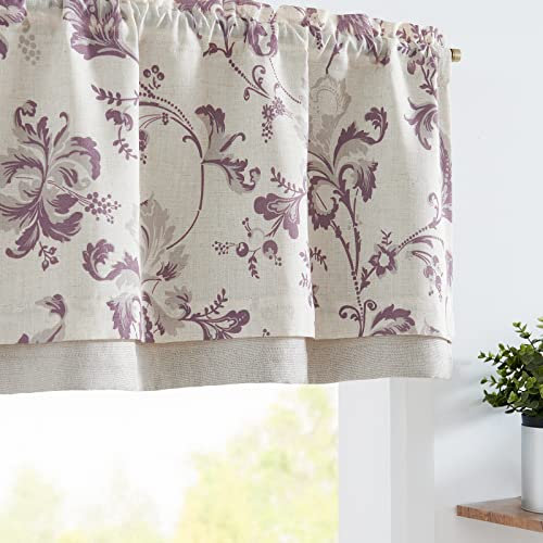 TOPICK Leinen Scheibengardinen Blickdicht Küchengardinen Frühling Landhausstil Gardinen Blumen Verdunkelnd Vorhänge Kurz Bistrogardine Volant Wohnzimmer Fenster 1er Pack Violett auf Beige 40Hx125B(cm)