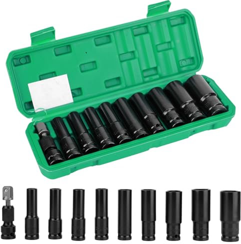 11 Pezzi Set Chiavi a Bussola 1/2, Set Bussole per Avvitatore ad Impulsi, 10-24 mm Bussole Lunghe e 2 Adattatori per Bussola, Set Bussole Esagonali para Riparazioni Auto Cambio Gomme