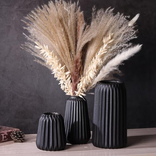 oliruim Schwarz Matt Keramik Vase Set 3,Modern Rillen Boho Skandinavisch Aesthetic Vasen Deko Esstisch, Wohnzimmertisch, Couchtisch, Pampasgras Vase (Schwarz)