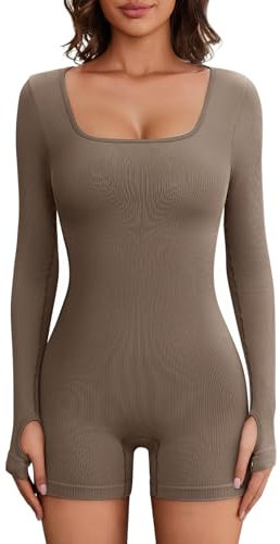 FemiChic Damen Sport Jumpsuit Langarm Kurz Eng Yoga Bodysuit Overall Bodycon Einteiler Onesie Set Tights Shape Stretch Romper Outfit Fitness One Piece(Kaffee,M)