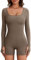 FemiChic Damen Sport Jumpsuit Langarm Kurz Eng Yoga Bodysuit Overall Bodycon Einteiler Onesie Set Tights Shape Stretch Romper Outfit Fitness One Piece(Kaffee,M)