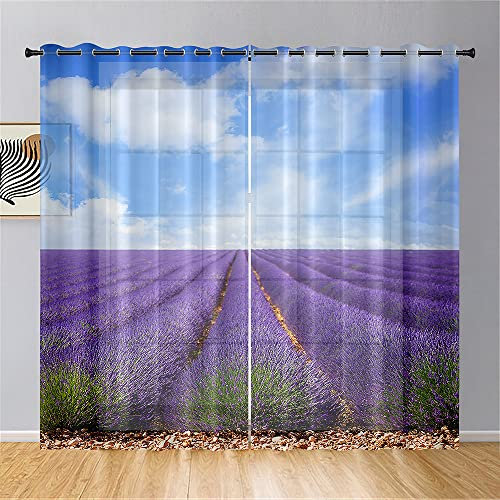 Surwin Gardinen mit Ösen, Lavendel-Druck 2er Set Vorhänge, Modern Transparent Vorhänge Wohnzimmer Polyester Gardinen Küche Fenster Wohnzimmer Schlafzimmer (Himmel,140x213cm)