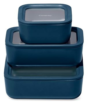 Caraway Glass Food Storage Trio – 10 Cup, 6.6 Cup, & 4.4 Cup Food Containers - Ceramic Coated - Non Toxic Non Stick Lunch Box Container with Glass Lids. Dishwasher, Oven, & Microwave Safe - Navy