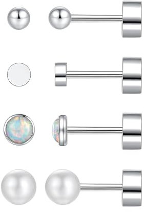 4 pairs Silver Stud Earrings for Women Girls Men, Hypoallergenic Titanium Surgical Steel Stud Earrings Set, Small Round Balls Opals and Pearls Helix Cartilage Sleeper Screw Flat Back Earrings