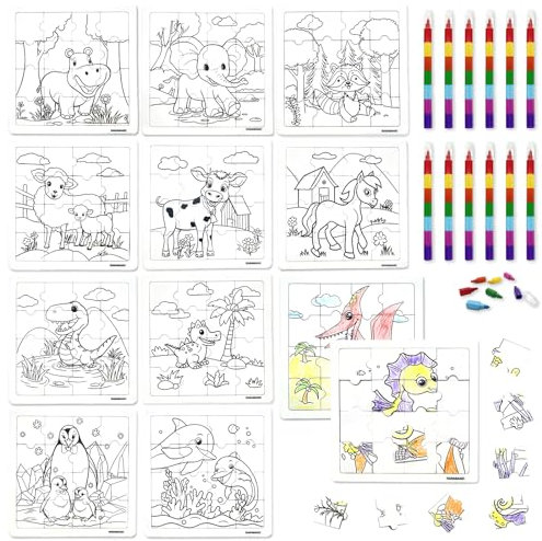 HahaMagic, 12PCS Puzzles zum Bemalen, mit 12 Stapelbare Wachsmalstifte (7 Farben in 1), Puzzles Selber Gestalten, geeignet als Kindergeburtstag Gastgeschenke und kleine geschenke für kinder