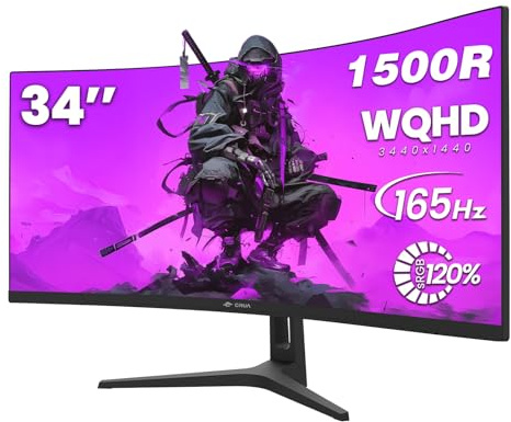CRUA 34 Curved Gaming Monitor, 21:9 WQHD 3440x1440 165Hz/144Hz 1500R UltraWide Computer Monitor Compatible with Freesync, PIP/PBP, 120% sRGB, HDMI 2.0 & DP 1.4, Wall Mount