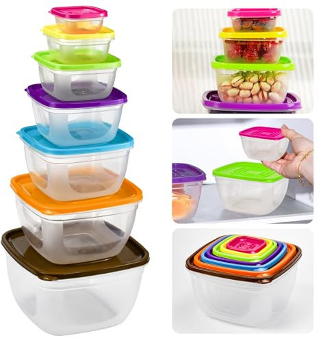 KYYGKY 7 Pezzi Contenitori Ermetici per Alimenti in Plastica Senza BPA per Frigorifero Cucina,4200/2600/ 1500/1000/ 550/300/ 100 ml (7 Colori)
