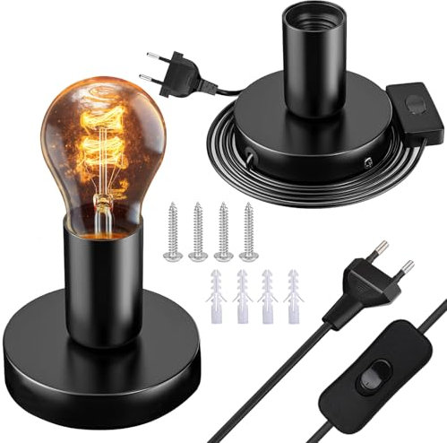 SI SEN Douille E27 Avec Câble, Douille Ampoule, 2 pièces Adaptateur Douille, Adaptateur Ampoule Avec Interrupteur pour Chambre, Salon, Bureau, Suspension (Noir)