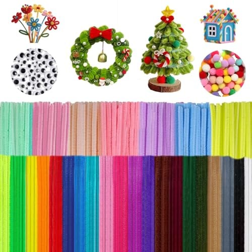 400 Stück Pfeifenreiniger Bunt, 27 Farben, 200 Chenilledraht, 100 Chenilledraht Pompons und 100 Wackelaugen Selbstklebend, Pfeifenputzer Bunt zum Basteln für Kreative DIY (30cm x 6mm)