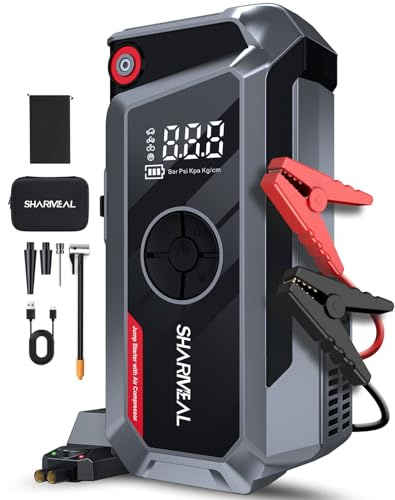 SHARMEAL 6000A Portable Car Battery Booster (all Gas/10L Diesel), Jump Starter Power Pack with 150PSI Air Compressor, 12V Car Jump Starter Power Bank with Jump Leads, LCD Screen, Emergency Light