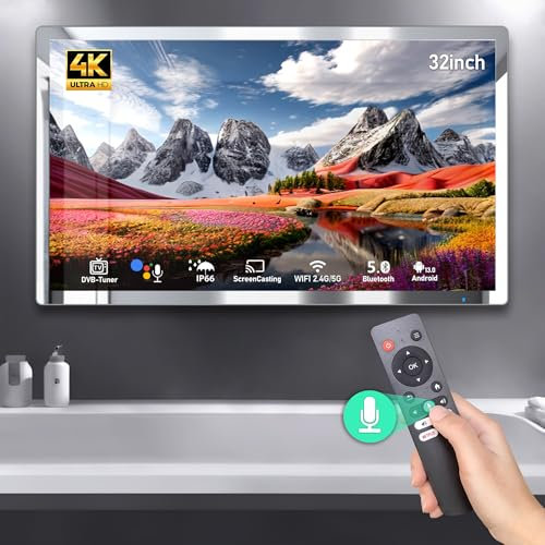 (Android 13)4K Ultra HD 32 inch Smart Bathroom Mirror TV IP66 Waterproof Android TV Supports Voice Assistant, Built-in DVB-T/T2/C/S/S2 Tuner, HDMI (ARC), SPDIF Bluetooth, Wi-fi (Black frame)