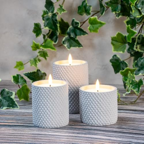 Ideen mit Herz LED-Echtwachskerzen | in dekorativen Beton-Gefäßen | 3er Set | 3 verschiedene Größen | rund mit Rauten-Muster | batteriebetrieben | mit Timer-Funktion