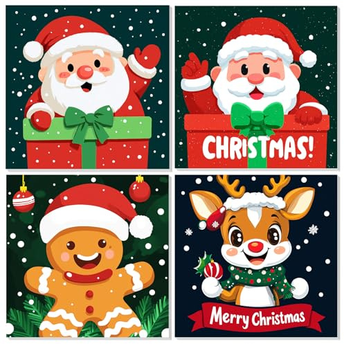 TOSTOG Noël Peinture Numero Enfant avec Cadre Lot 4 le père Bonhomme en pain d'épice Décoration de la Maison Loisirs Créatifs Adultes Cadeau Fille et Garcon Noël (20X20CM)