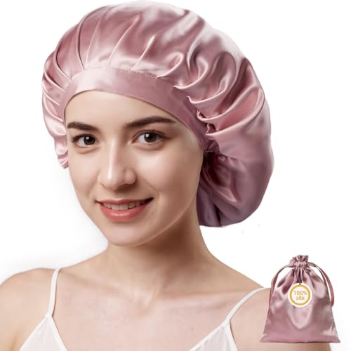 Kaome Berretto da Notte in Seta 22 Momme 100% Seta di Gelso, Berretto per Capelli Regolabile Doppia Faccia, per Capelli Ricci e Lunghi, Morbido e Antiscivolo, Traspirante con Sacchetto