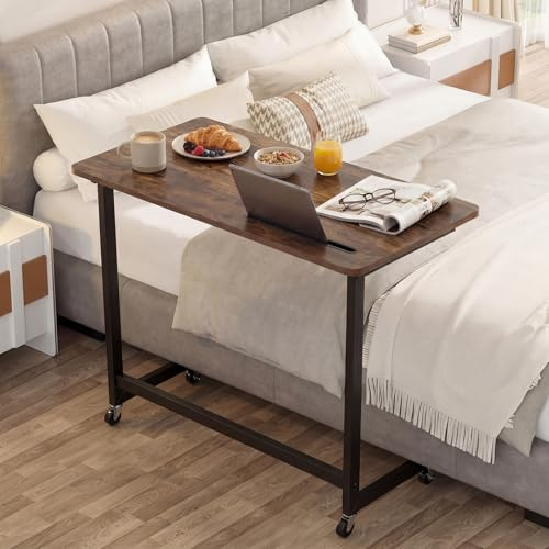 COSTWAY Table de Lit a Roulette 80 x 40 cm, Bureau Mobile pour Ordinateur Portable, Fente pour Tablette, Large Tableau, Cadre Métallique, Table d'Appoint pour Lit Médical Chambre (80 x 40 x 75 cm)