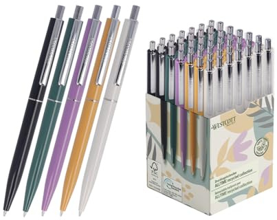 Westcott Kugelschreiber ALLTIME Mix 50 Stück | GRS-zertifizierte Druckkugelschreiber, blaue Tinte | Strichstärke M, X20 Standardmine | Dokumentenecht nach ISO 12757-2 | Metallclip | E-733795 00