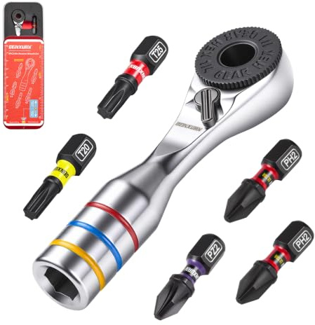 GEINXURN 6 Cases Mini Ratchet Set, 72 Teeth 1/4 Inch Hex Drive Ratchet Wrench, PH2/PZ2 Bits All in Slide Case, Connect to Any Hex Extensions to Meet Your Needs
