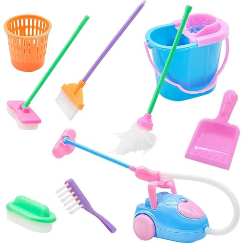 MiniDream 9 Pcs Toy Cleaning Set, Miniature Dolls House Accessories, Dolls House Accessories, Doll House Accessories, 1:12 Scale Mini Broom, Mop, Vacuum, Dustpan for Pretend Play