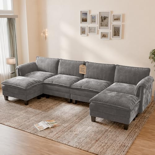 ELUCHANG XXL Wohnlandschaft U-Form, 336cm Breit Modulares Sofa 4-Sitzer, Chenille Couch mit 2 Ottomanen, 62cm Sitztiefe, Schlafsofa-Funktion, Werkzeuglose Montage, Grau
