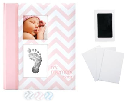 Pearhead First 5 Years Chevron Baby Memory Book with Clean-Touch Baby Safe Ink Pad for Baby Handprint or Footprint, Baby Girl Keepsake Book, Imprint Kit Included, Pink, UK English Version