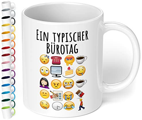 Lustige Büro Tasse Ein typischer Bürotag - lustige Kaffee-Tasse mit Spruch Emoticon Kaffeebecher, Geschenk für Mitarbeiter Kollegen Büro Arbeit Homeoffice Geburtstag Weihnachten (Weiß)