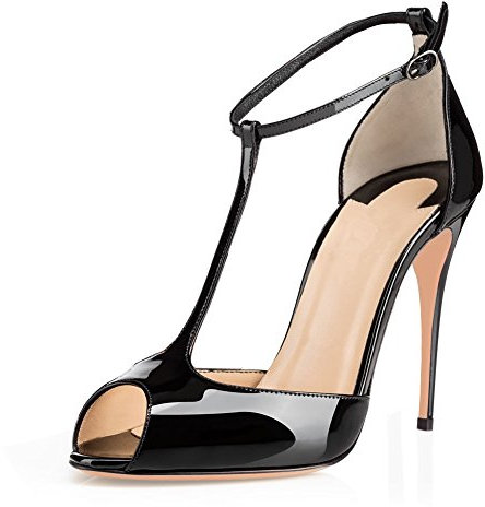 EDEFS Chaussure Mode Escarpin Sandale Stiletto Cheville Femmes Bride Verni Talon Haut Aiguille 10 CM Noir T.39