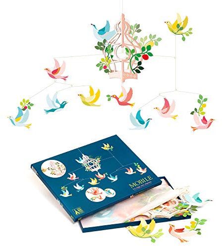 DJECO Mobile Enfant La Cage Aux Oiseaux - Décoration de Berceau Bébé, Favorise l'Eveil - Entre Poésie et Réalité - Papier, Carton & Fil Métallique - Facile à Suspendre (Fixation Adhésive) - 80 x 48cm