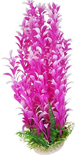 Hot Pink Plastic Aquarium or Pond Plant with Weighted Base 16 Inch (41-43cm) Tall Artificial Plant with Base, Fish Tank Foliage Ornament | Long Plastic Seaweed Aquascaping Decoration