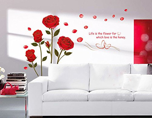 ufengke® Rose Rouge Romantique Fleurs Stickers Muraux, Salle de Séjour Chambre à Coucher Autocollants Amovibles