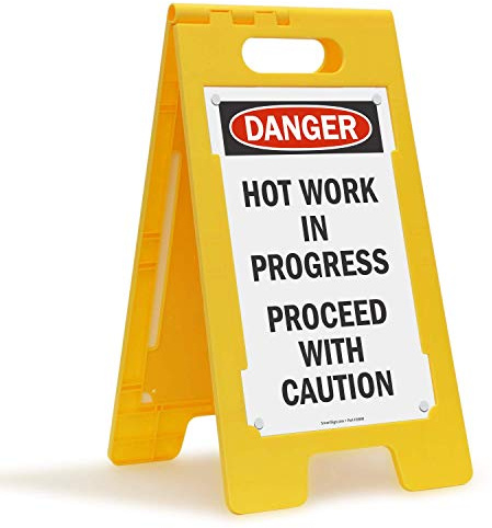 SmartSign -SF-0295-FB Hot Work In Progress, Proceed with Caution, faltbares Bodenschild, 63,5 x 30,5 cm, Kunststoff, Schwarz/Rot auf Weiß