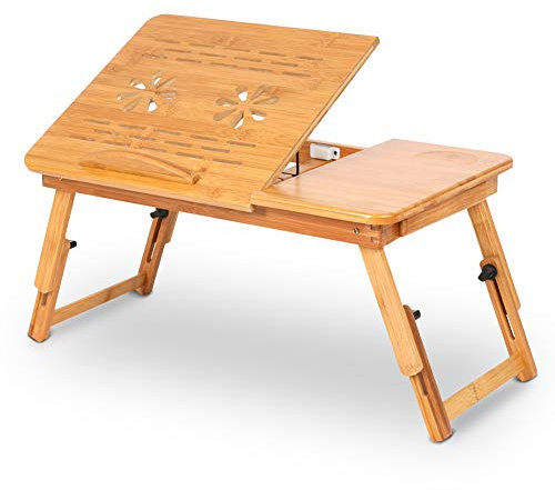 Table d'appoint pour ordinateur portable en bambou avec tiroir et support pour ordinateur portable Hauteur réglable Tablette pour lit petit déjeuner Table à dessiner Table à manger 53-58,8 x 29,7 cm