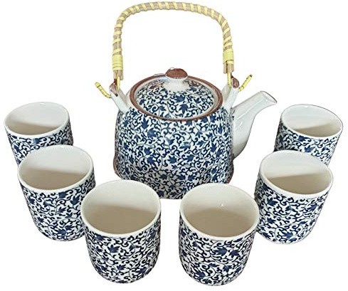 Herbal TeaPot Set Blue Pattern.Built in Strainer & 6 Matching Cups