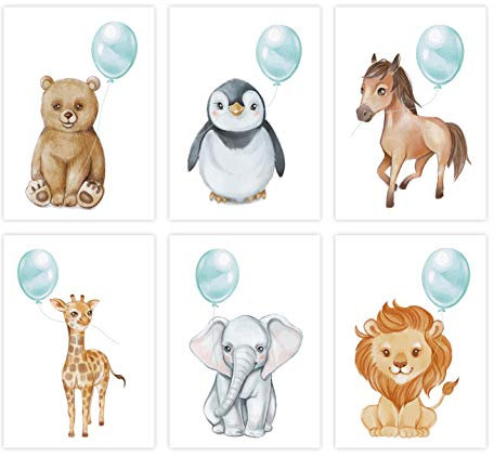 NORTH-WEST Kinderzimmer Poster - A4 6er Tiere Set - Deko für Mädchen und Jungen - Tierposter Mint mit Baby Bär, Pinguin, Pferd, Giraffe, Elefant & Löwe - Babyzimmer Kinderposter