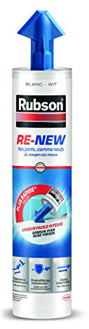 Rubson RE-NEW, mastic universel blanc avec protection 3-en-1 contre les moisissures, blanchisseur joint pour joints existants, cartouche avec lisseur intégré de 280 ml