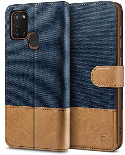 BEZ Handyhülle für Samsung A21s Hülle, Tasche Kompatibel für Samsung Galaxy A21s, Schutzhüllen aus Klappetui mit Kreditkartenhaltern, Ständer, Magnetverschluss, Blaue Marine
