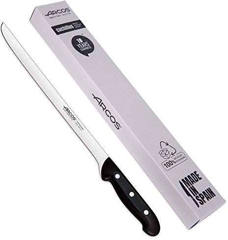 Arcos Professioneller Schinkenhalter | Schinkenmesser aus Edelstahl Nitrum | schwarzer Griff | Iberico Schinkenmesser | Serie Maitre| Flexible Klinge und glatte Schneide | 275 mm | Edelstahl Nitrum