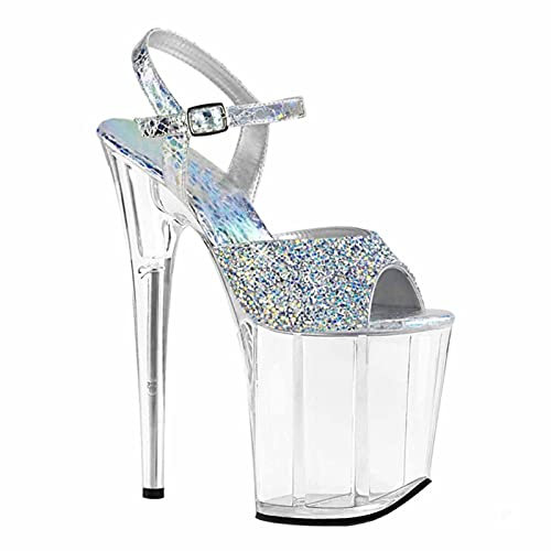 MUYEY Damen Plattform 20 cm High Heel Stilettos Knöchelriemen Offene Spitze Klar Sexy Pumps Sandalen Für Party Anlass Pole Dance Stripper Schuh,Blau,39
