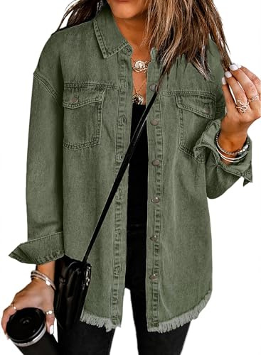 Dokotoo Womens Denim Top Oversized Button Down Shirts Jean Jacket Green S