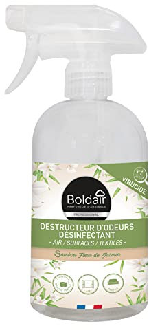 BOLDAIR - Destructeur d'odeurs désinfectant - Parfume pendant des heures - Désinfecte air, surfaces et textiles - Bambou jasmin - Sans colorant - Désodorise en 5secs - 500ml - Fabrication Française