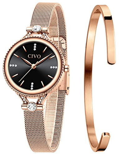 CIVO Montre Femme Acier Inoxydable Set Bracelet à Quartz Analogique Etanche Luxe Mode Élégant Or Or Rose