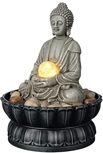 Kalona Home Décor 9.6 Tabletop Fountain Exquisite Smile Sitting Buddha Fountains Desk Water Fountain Decorative Zen Fountain w/LED/Glass Rolling Ball/Cobblestone Office and Home Decor(21127B)