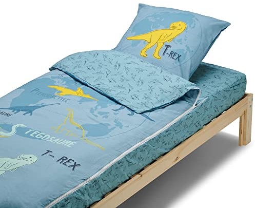 Caradou Parure de Lit Enfant T-Rex, 3 Pièces sans Couette, 90x190 cm, Coton, Bleu Vert