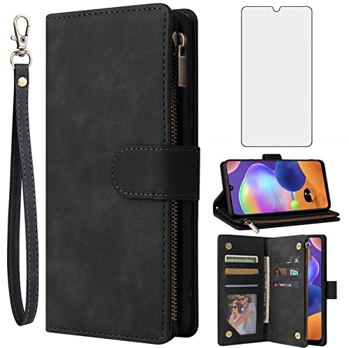 Asuwish Handyhülle für Samsung Galaxy A31 Hülle mit Folie Schutzfolie und Kartenfach Klappbar Leder Geldbörse Ständer Reißverschluss Schutzglas Cover A 31 Handy Hüllen Schutzhülle Phone Case Schwarz