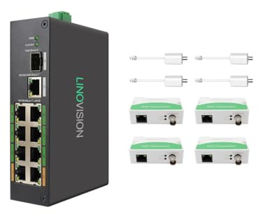 LINOVISION Industrial 8-Port EOC & POE Switch mit 4 EOC-Sendern, PoE mit großer Reichweite über Koaxial- oder UTP-Kabel, vereinfachte Verkabelung, Upgrade des analogen Systems auf IP-System