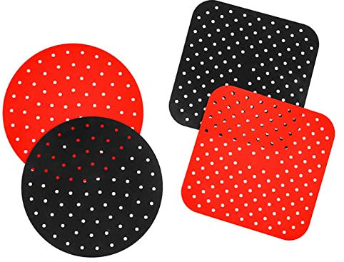 Glodui - Nuovo Set da 2 tappetini riutilizzabili in silicone antiaderente FDA alta qualità per friggitrice ad aria - resistenti al calore - Nero/Rosso in forma Quadrata o Rotonda (21.5 cm Quadrato)