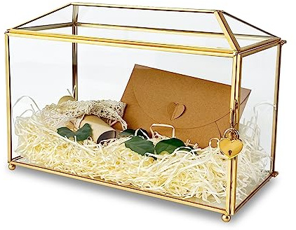 ZOZBIUNO Gold Glas Kartenbox 32 cm große Hochzeit Kartenbox mit Schloss und Schlitz für den Empfang Handgefertigte klare dekorative Boxen für Abschluss, Zeremonie, geometrisches Terrarium