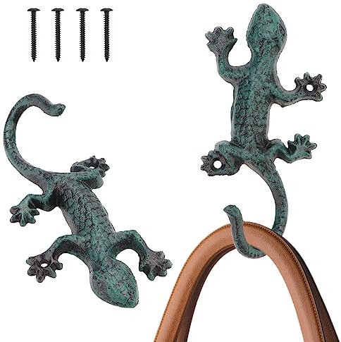 Brosay Cast Iron Gecko Wall Hooks Vintage Rustic Coat Rack with Hook Wall Coat Hooks Wall Mounted Heavy Duty Animal Hooks for Hanging Decorative Towel Hooks 2 Pcs (Gecko)