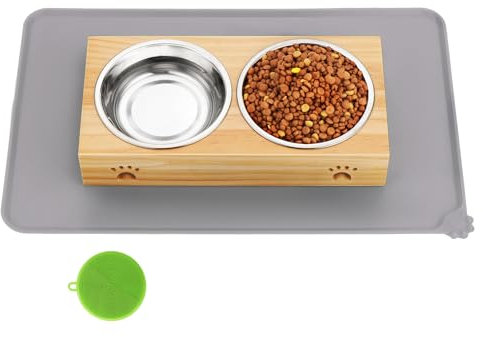 Faankiton Gamelle Surélevée pour Chien et Chat, 2 Gamelles en Acier Inoxydable avec Support pour Petits Chiens, Gamelle en Bambou pour Chat avec Tapis de Gamelle Imperméable et Antidérapant