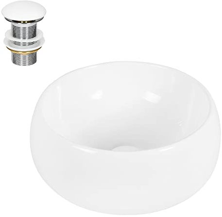 ECD Germany Waschbecken Waschtisch Ø 400 x 350 mm Keramik Rund Weiß inkl. Ablaufgarnitur für Waschbecken ohne Überlauf Aufsatzbecken Aufsatzwaschbecken Aufsatzwaschtisch Waschschale Spülbecken Becken
