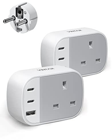 UK to European Plug Adapter, VINTAR Grounded Europe Travel Adapter with 2 USB C 1 USB A Ports, Travel Plugs UK to EU for Germany France Spain Greece Turkey Poland and More (Type E/F),2 Packs